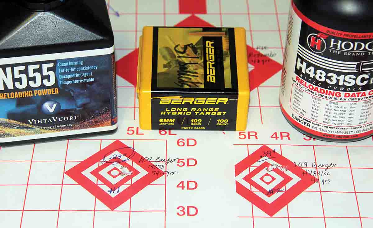 Berger’s 109-grain Long Range Hybrid Target produced the tightest group of the test, .23 inch at 2,600 fps using 39.5 grains of Vihtavuori N555, and a .39-inch group at 2,668 fps with 42 grains of Hodgdon H-4831sc.